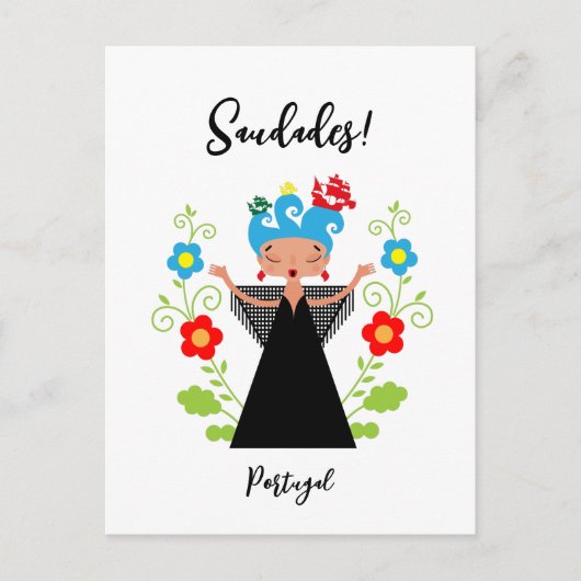 ポルトガルのキャラベル船とファドの女性シンガー ポストカード (正面)