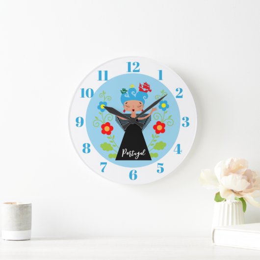 ポルトガルのキャラベル船とファドの女性シンガー ラージ壁時計 (ホーム)