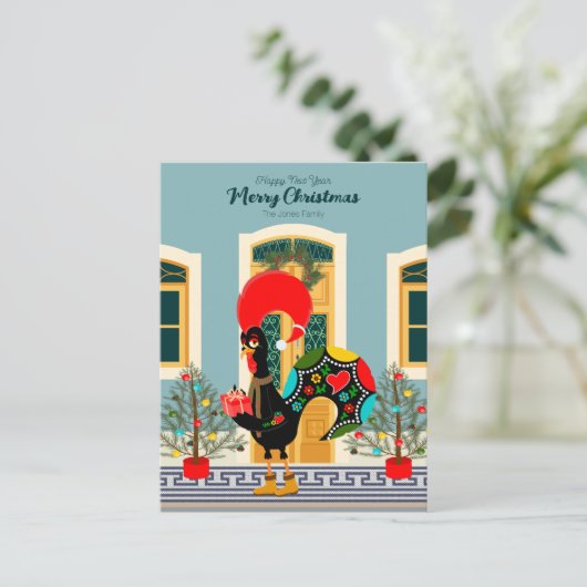 ポルトガルのクリスマスの家とオンドリの挨拶 ポストカード (スタンド正面)