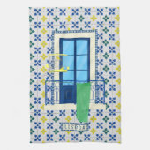 ポルトガルのタイルと鳥と窓バルコニー キッチンタオル (縦)