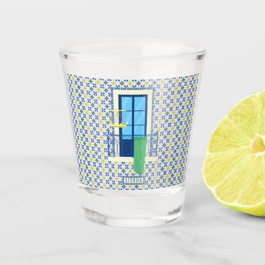 ポルトガルのタイルと鳥と窓バルコニー ショットグラス (正面)