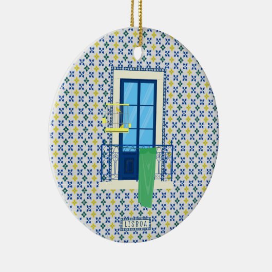 ポルトガルのタイルと鳥と窓バルコニー セラミックオーナメント (右)