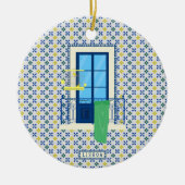 ポルトガルのタイルと鳥と窓バルコニー セラミックオーナメント (正面)