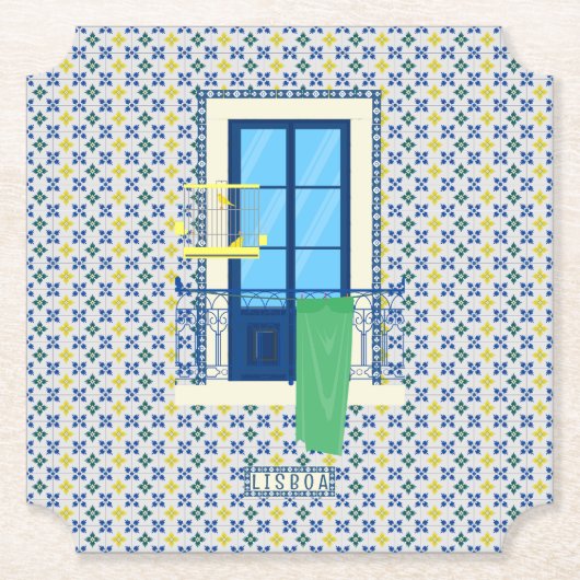 ポルトガルのタイルと鳥と窓バルコニー ペーパーコースター (正面)