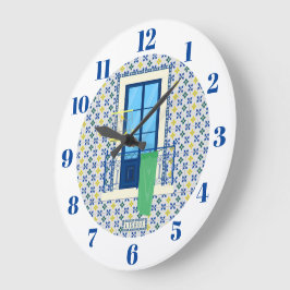 ポルトガルのタイルと鳥と窓バルコニー ラージ壁時計