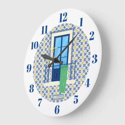 ポルトガルのタイルと鳥と窓バルコニー ラージ壁時計 (傾斜)