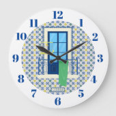 ポルトガルのタイルと鳥と窓バルコニー ラージ壁時計 (正面)