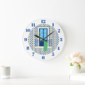 ポルトガルのタイルと鳥と窓バルコニー ラージ壁時計 (ホーム)