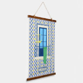 ポルトガルのタイルと鳥と窓バルコニー 吊り下げ型タペストリー (傾斜あり)