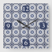 ポルトガルのタイルアズレホスヴィンテージ青と白 スクエア壁時計 (正面)