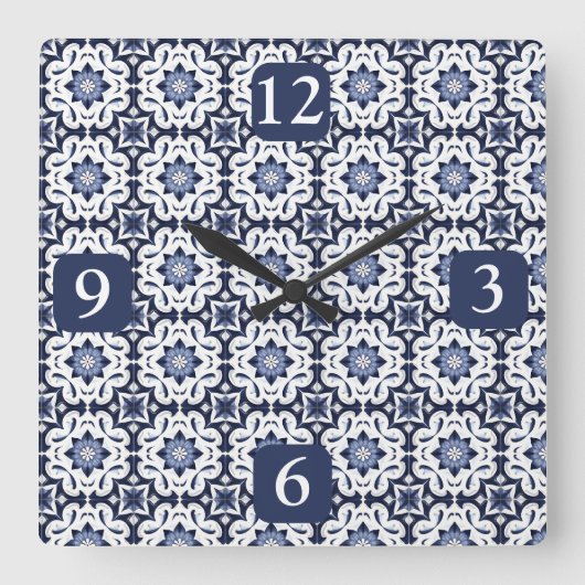 ポルトガルのタイルアズレホスヴィンテージ青と白 スクエア壁時計 (正面)