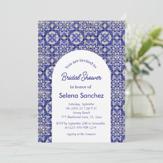 ポルトガルのタイルアーチウォーター色ブライダルシャワー 招待状 (スタンド正面)