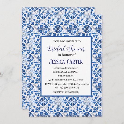 ポルトガルのタイルフローラ水彩ブライダルシャワー 招待状 (正面/裏面)