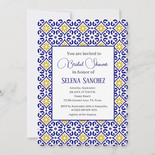 ポルトガルのタイルフローラ水彩ブライダルシャワー 招待状 (正面)