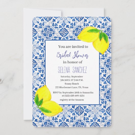 ポルトガルのタイルレモン水カラーブライダルシャワー 招待状 (正面)
