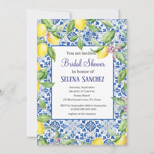 ポルトガルのタイルレモン水カラーブライダルシャワー 招待状 (正面)