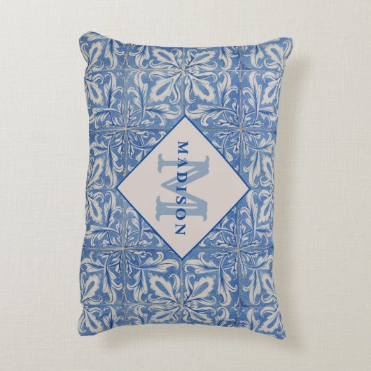 ポルトガルのタイルヴィンテージブルーホワイトモノグラム アクセントクッション (裏面(縦))
