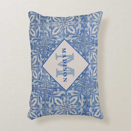 ポルトガルのタイルヴィンテージブルーホワイトモノグラム アクセントクッション (正面(垂直))