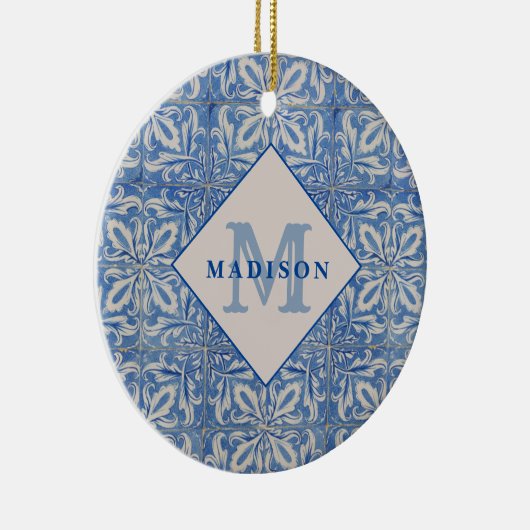 ポルトガルのタイルヴィンテージブルーホワイトモノグラム セラミックオーナメント (右)