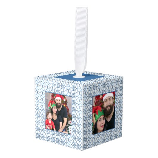 ポルトガルのタイル家族のクリスマスの写真フレーム キューブオーナメント (正面アングル)