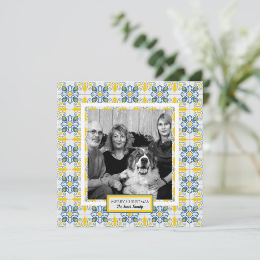 ポルトガルのタイル家族の写真フレームのクリスマスカード (スタンド正面)