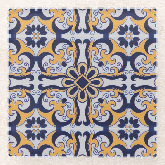 ポルトガルのタイル模様 ガラスコースター (正面)