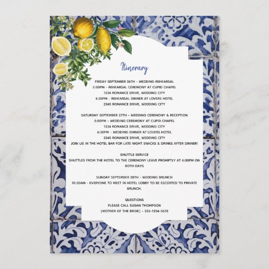 ポルトガルのタイル結婚類の歓迎の旅程 プログラム (裏面)