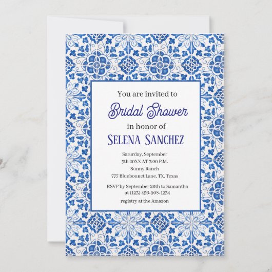 ポルトガルのタイル フローラル ウォーターカラー ブライダルシャワー 招待状 (正面)