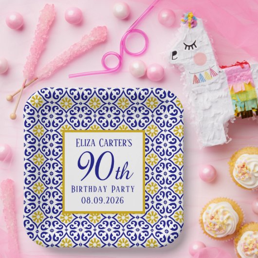 ポルトガルのタイル ブルー 90歳の誕生日 メディテレニアン ペーパープレート (パーティー)