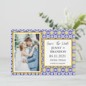 ポルトガルのタイル 青 白 フォト ウェディング セーブザデート (スタンド正面)