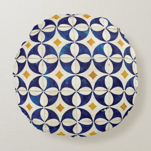 ポルトガルのタイル – Azulejoパターンデザイン ラウンドクッション (正面)