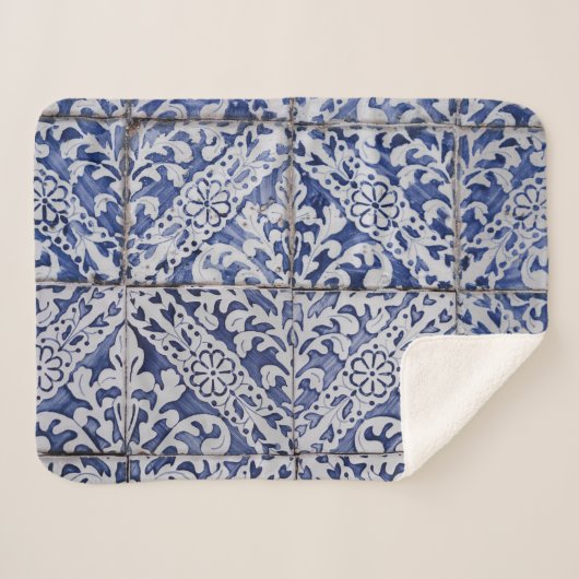 ポルトガルのタイル – Azulejo青と白のフローラ シェルパブランケット (正面(横))