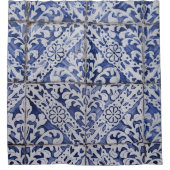 ポルトガルのタイル – Azulejo青と白のフローラ シャワーカーテン (正面)