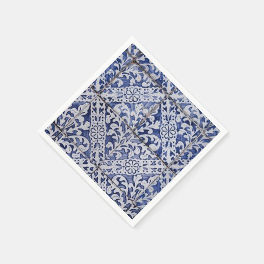 ポルトガルのタイル – Azulejo青と白のフローラ スタンダードカクテルナプキン (角)