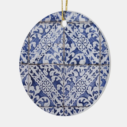 ポルトガルのタイル – Azulejo青と白のフローラ セラミックオーナメント (左)