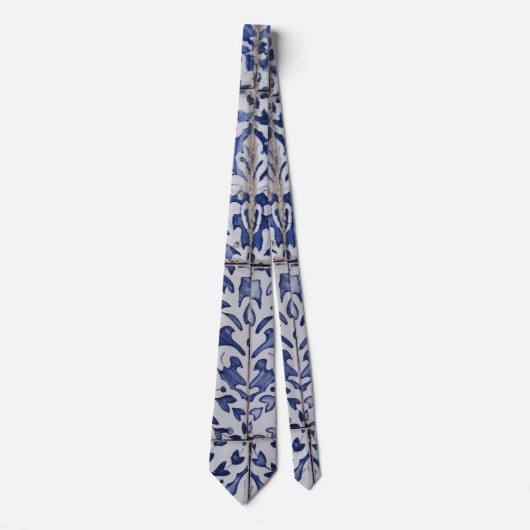 ポルトガルのタイル – Azulejo青と白のフローラ ネクタイ (正面)