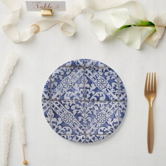 ポルトガルのタイル – Azulejo青と白のフローラ ペーパープレート (ウェディング)