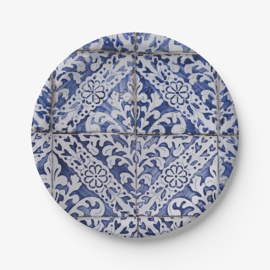 ポルトガルのタイル – Azulejo青と白のフローラ ペーパープレート (正面)