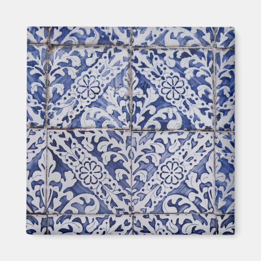 ポルトガルのタイル – Azulejo青と白のフローラ マグネット (正面)