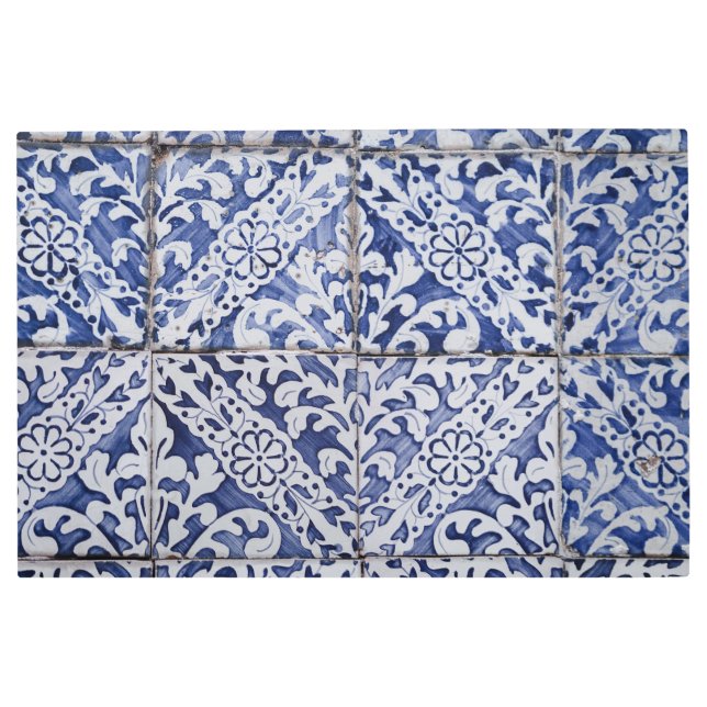 ポルトガルのタイル – Azulejo青と白のフローラ メタルプリント (正面)