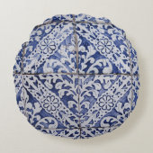ポルトガルのタイル – Azulejo青と白のフローラ ラウンドクッション (正面)