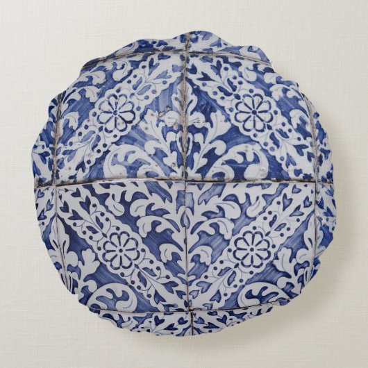 ポルトガルのタイル – Azulejo青と白のフローラ ラウンドクッション (裏面)