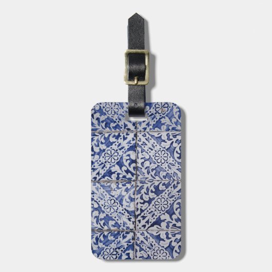 ポルトガルのタイル – Azulejo青と白のフローラ ラゲッジタグ (正面縦)