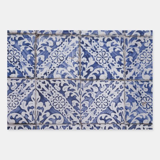 ポルトガルのタイル – Azulejo青と白のフローラ ラッピングペーパーシート (正面)