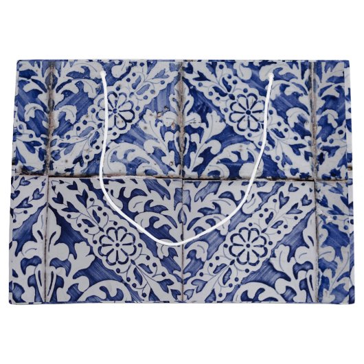 ポルトガルのタイル – Azulejo青と白のフローラ ラージペーパーバッグ (正面)