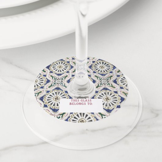 ポルトガルのタイル – Azulejo カラフル Geometric ワイングラスタグ (クローズアップ)