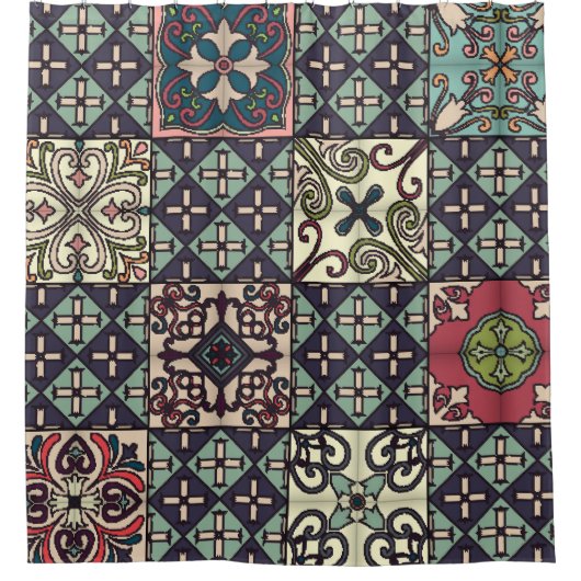 ポルトガルのタイル： Talaveraスタイルシームレス シャワーカーテン (正面)