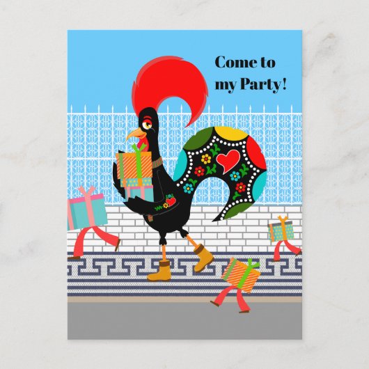 ポルトガルのニワトリとギフト1st誕生日パーティー インビテーションポストカード (正面)