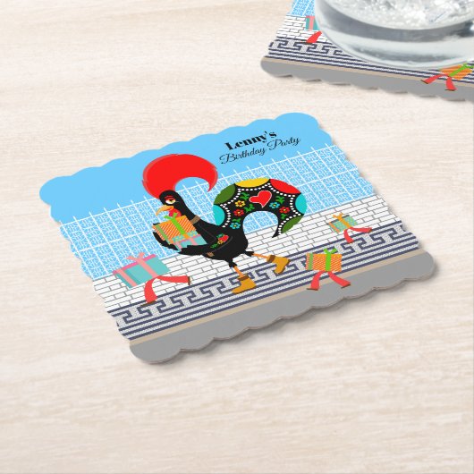 ポルトガルのニワトリとギフト1st誕生日パーティー ペーパーコースター (アングル)
