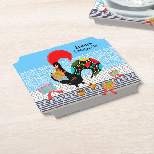 ポルトガルのニワトリとギフト1st誕生日パーティー ペーパーコースター (アングル)